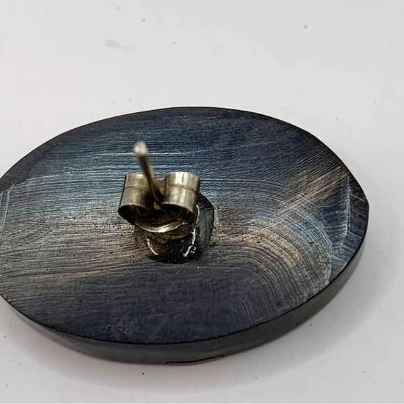 Vintage black bone and brass inlay stripe chunky oval stud earrings - Picture 11 of 13
